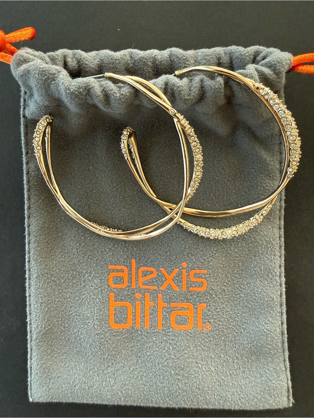 Alexis Bittar Gold Crystal-Accented Twisted Hoop Earrings, Large hoops 2.25”